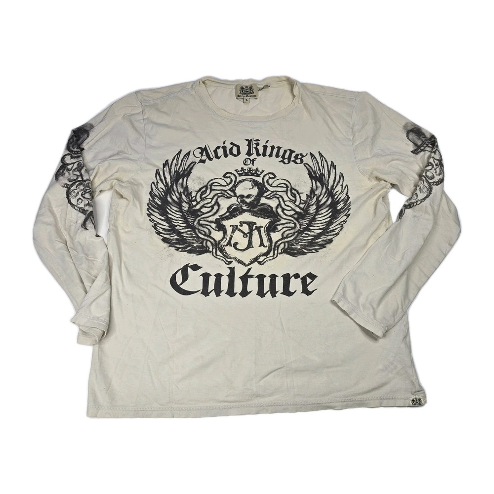 Juicy Couture Acid Kings Culture Graphic Long Sleeve T Shirt L Cream Skull Wings